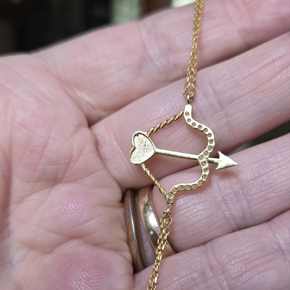 White Sapphire Sterling & Gold Arrow Heart Bracelet 14" - Picture 7 of 9